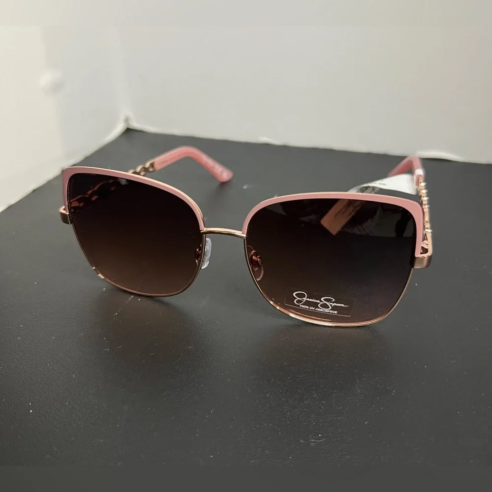 Jessica Simpson Metal Chain UV Protective Square Sunglasses Pink Gold Nude